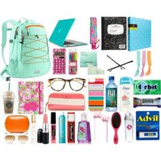 the contents of a travel bag are arranged on a white background, including toiletries, books, and other items