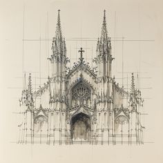 an architectural drawing of a cathedral with many spires and crosses on it's side