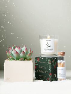 a candle and some candles sitting on top of a white blanket next to a potted plant