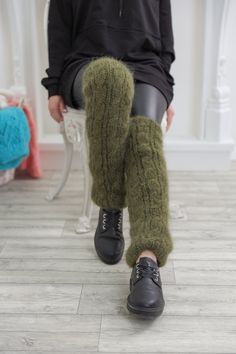 "Hand knit 2 strands qualuty bruch mohair Legwarmers DETAILS - Made from Premium mohair - The model is 170 cm tall (regular S) - The sweater on picture is one size - As mostly all models in our shop the sweater is loose fit - Color on photo -green FOR MORE For all our listings visit - https://www.etsy.com/shop/MOLIMARK For more Knit Sweaters READY TO SHIP visit - https://www.etsy.com/shop/MOLIMARKS?ref=seller-platform-mcnav§ion_id=28201384 For more Wool Sweaters visit - https://www.etsy.com/shop Cozy Fitted Knitting Pattern, Thick Hand Knitted Leg Warmers For Fall, Winter Chunky Knit Fitted Knitting Pattern, Cozy Fitted Hand Knitted Pattern, Handmade Winter Knitting Pattern One Size, Winter Acrylic Knitting Pattern, Thick Hand-knitted Winter Leg Warmers, Thick Hand Knitted Leg Warmers For Winter, Winter Thick Hand Knitted Leg Warmers