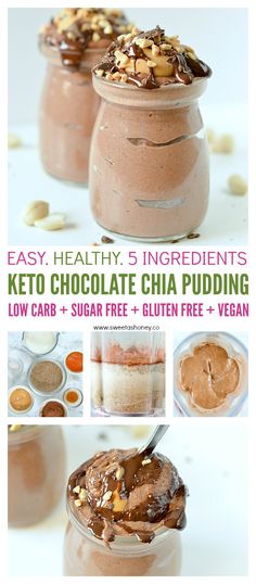 chocolate chia pudding in jars with nuts on top