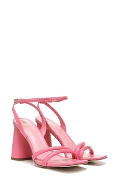 Delicate straps frame this alluring, sky-high sandal that's party-ready with a flirty buckle closure at the ankle. 4" heel (size 8.5) Open toe Adjustable ankle strap with buckle closure Leather or synthetic upper/leather lining/synthetic sole Imported Elegant Pink Strappy Heels, Pink Slip-on Sandals With Heel Strap, Luxury Pink Strappy Heels, Pink Adjustable T-strap Sandals, Pink Strappy Sandals With 4-inch Heel, High Sandals, Wide Width Sandals, Sky High, Sam Edelman