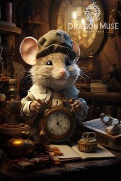 a mouse with a hat on holding a clock