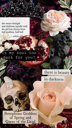 a collage of skulls, roses and other things with words written on them that say they