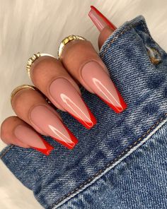 Red Tip Nails, Red French Tip, Red Acrylic Nails, Red French, French Tip Acrylic Nails, Ballerina Nails, Acrylic Nails Coffin Short, Acrylic Nails Coffin