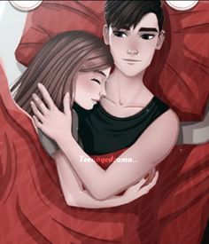 two people laying in bed with red sheets and one is hugging the other's head