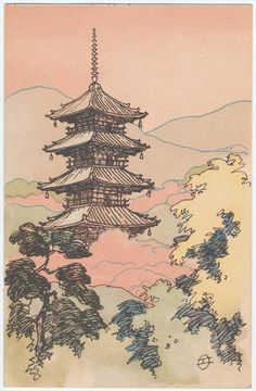 a drawing of a pagoda in the middle of trees and mountains with pink sky behind it