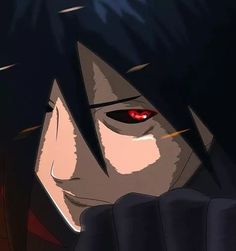 an anime character with red eyes and black hair is staring at something in the distance