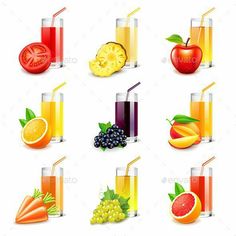 various fruits and drinks on a white background - food objects