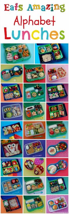 an assortment of lunch boxes with the words eat's amazing alphabet lunches