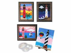 three framed pictures with lighthouses on them next to a pair of white slippers