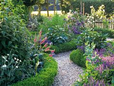 a garden filled with lots of different types of flowers and plants growing on top of gravel