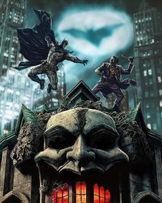 the batman movie poster is shown with two men on top of a building and another man in