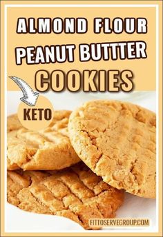 three peanut butter cookies stacked on top of each other with the words almond flour peanut butter cookies