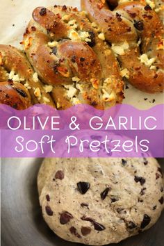 olive and garlic soft pretzels in a bowl with text overlay that reads olive and garlic soft pretzels