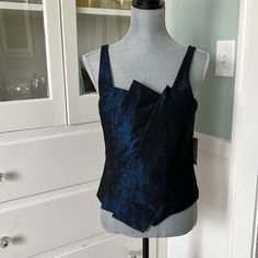 Nwt $495 Bill Blass Top Prussian Jet Tiered Blouse Blue W/ Tulle Overlay 6 Absolutely Phenomenal Tailoring And Great Quality. So Cool How One Side Zips From The Top And The Other Zips Up From The Bottom. Built Like A Corset But Without The Boning. Many Layers Of Fabric Create A Great Stiff Shape.Rare Find. I Have The Matching Skirt As Shown But I Have That In A Separate Listing. This Listing Is For The Top Only. Perfect For Special Events Or Could Easily Be Worn With Jeans For A Night Out. Bundl Blue Silk Formal Tops, Blue Silk Top For Night Out, Formal Blue Silk Tops, Elegant Blue Tops For Evening, Blue Fitted Silk Tops, Fitted Silk Blue Tops, Fitted Blue Silk Tops, Blue Fitted Blouse For Evening, Fitted Silk Blouse For Night Out