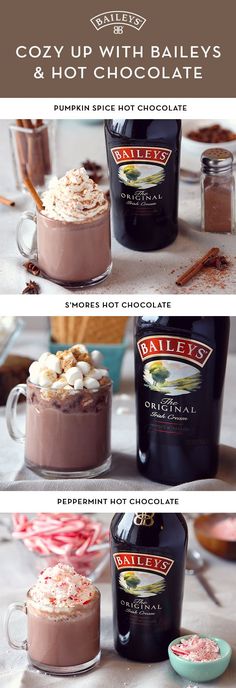 three different shots of hot chocolate and marshmallows