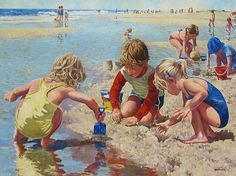 three children playing in the sand at the beach while others watch from the water's edge