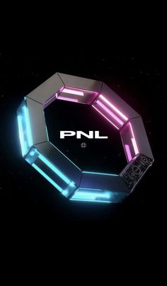 an illuminated object with the word pnl on it's front and back sides