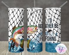 three tumblers with fishing images on them and the words i'd rather be fishing