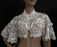 Irish crochet bolero jacket, c.1905, from the Vintage Textile archives. Irish Crochet, Crochet, Lace, Flowers, White