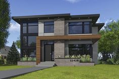 this is an artist's rendering of a two story house with modern architecture and landscaping