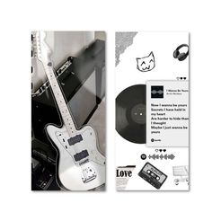 an electric guitar and record player are shown in this brochure, with the words love written on it