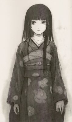 a black and white drawing of a girl in a kimono