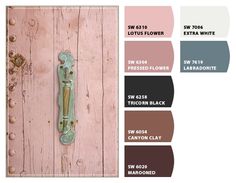 an old wooden door with metal handles and knobs in shades of brown, pink, green