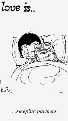 a black and white drawing of a child sleeping in bed with the words love is