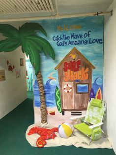 a room with a sign, chair and palm tree