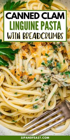 a white bowl filled with linguine pasta and topped with breadcrumbs