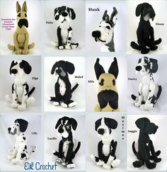 many different stuffed dogs are shown in the same style and color as they appear to be crocheted