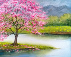 a painting of a tree with pink flowers in the foreground and a quote about your mind is a garden, your thoughts are the seeds you can grow flowers or you can grow