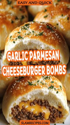 Whip up these easy Garlic Parmesan Cheeseburger Bombs in no time! Packed with juicy beef, melty cheese, and a crispy garlic-Parmesan crust, they’re perfect for game nights, parties, or a quick snack. You’ll love how simple and delicious these are to make—and everyone will be asking for seconds!  #EasyRecipes #QuickSnack #BestCheeseburger Garlic Parmesan Cheeseburger Bombshell, Kid Friendly Ground Beef Recipes, Cheesy Snack Recipes, Homemade Cheeseburgers, Burger Recipes Beef, Cheesy Snack, Cheeseburger Recipe, Easy Hamburger, Savory Bites