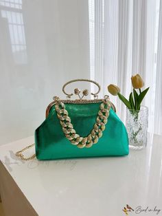 Bird in Bag - Womens Crystal-Coated Metal Chain Shoulder Bag for Party or Everyday Use, Can Accommodate Phone, Wallet, Cosmetics, Green Evening Bags With Chain Strap, Green Chain Shoulder Bag For Party, Green Pouch Shoulder Bag For Party, Green Evening Bag With Chain Strap, Green Clutch With Chain Strap, Green Clutch Evening Bag, Party Clutch Bag With Chain Detail, Green Clutch Bag For Party, Green Clutch Shoulder Bag For Party