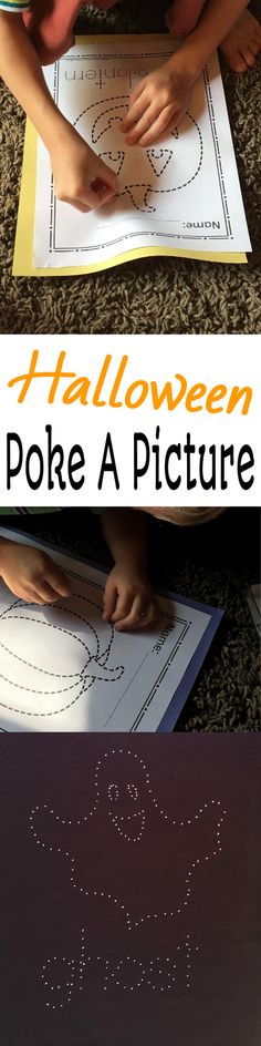 two children are making halloween poke a picture with their hands and writing on the paper