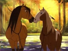 two horses standing next to each other in the woods