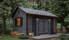 A 12x16 shed offers 192 square feet of storage capacity in your backyard, providing plenty of room for your tools and equipment. The floor space it offers is ideally suited for storing ride-on lawnmowers, wheelbarrows, bicycles, power tools, and other landscaping equipment. To organize the interior and maximize storage opportunities, serious gardeners and hobbyists can add a loft and shelves to their shed. You can also hang ungainly and long-handled tools, like shovels and rakes, from the wall t Storage Shed Brewery, Storage Shed Minimalist, 10x10 Storage Sheds, Lowes Storage Shed, Garden Shed With Roll Up Garage Door, Black Shed, Shed Plans 12x16, Lawn Mower Storage, Landscaping Equipment