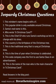 a christmas quiz with ornaments hanging from it's sides and the words leopardy christmas questions