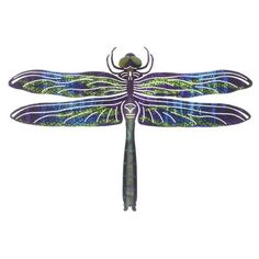 a purple dragonfly sitting on top of a white surface with green and blue wings