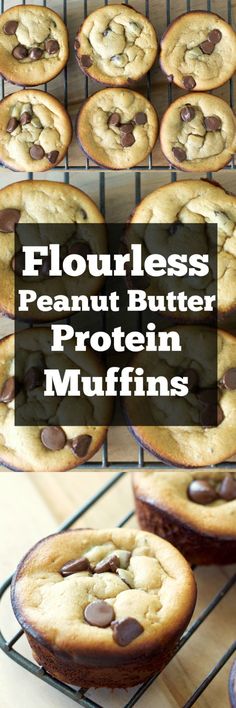 flourless peanut butter protein muffins on a cooling rack with text overlay