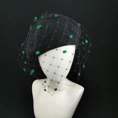 Black beret (50% Wool 50% Acrylic) with black veiling and bottle green chenille dots, individually hand applied.  The veiling is soft with very large diamonds, in the style of the 1940s veils.  The idea of the berets with veiling comes from my desire to have a special hat that I could put in a trolley for short trips or in my purse while I'm in town, without ruining it.  You can hide most of the veil under the beret for a more sober effect. I'm happy to send more information or detailed pictures Hat With Veil Black, Beret With Veil, Shipping Documents, Veil Black, Statement Hat, Dressy Hats, Black Beret, Veiled Hats, Women Hats