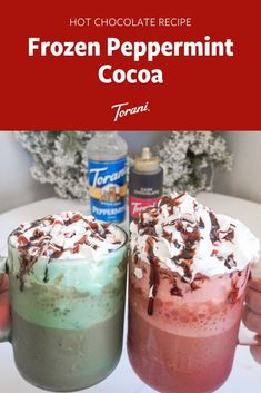 two frozen peppermint cocktails with whipped cream and chocolate sprinkles