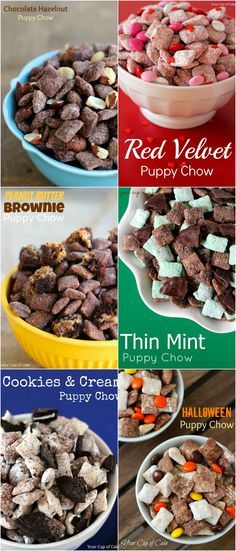 four different types of dog treats in bowls with the words thin mint puppy chow on them