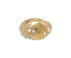 Inspired by hope for tomorrow and perfectly combining classic materials with modern design, this Nada Ghazal ring is a playful take on the traditional cocktail ring. The three dimensional 18K yellow gold ring face is encrusted in a surface of sparkling, round white diamond pavé alongside smooth, round white pearls and sits at the center of the 18K yellow gold band. 18K yellow gold ring face : just under 5/8" x 7/4"white diamonds : vary : 1mm diameter to 2mm diameter each : ~.75cttwpearls : vary Diamond Rings With Pave Setting For Parties, Evening Yellow Gold Diamond Ring With Pave Setting, Gold Diamond Ring For Evening, Yellow Gold Pave Setting Ring For Evening, Diamond Rings In Yellow Gold For Evening, Gold Rings With Single Cut Diamonds For Evening, Yellow Gold Rings With Single Cut Diamonds For Evening, Evening Yellow Gold Rings With Single Cut Diamonds, Fine Jewelry Oval Dome Ring With Pave Setting