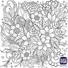 a coloring page with flowers and leaves in black and white, on a white background