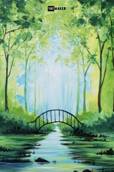 a painting of a bridge in the middle of a forest with green trees and water