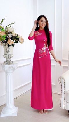 Vietnamese Ao Dai with sharp 3D printed motifs on silk fabric. Slim and lightweight design enhances the female figure. High quality silk material, slight stretch, very light and comfortable to wear. Fitted Red Maxi Dress With Floral Embroidery, Red Fitted Ao Dai, Elegant Red Maxi Dress With Floral Embroidery, Full Length Floral Embroidered Dress, Fitted Red Ao Dai For Spring, Fitted Floor-length Ao Dai, Traditional Ao Dai With Floral Print, Red Ao Dai For Spring Party, Traditional Red Ao Dai For Summer