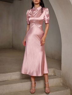 Silk Puff Sleeve Waist-Cinching Versatile Mermaid Dress Pink Elegant  Short Sleeve Woven Fabric Plain Shirt Slight Stretch Spring/Summer Women Clothing, size features are:Bust: ,Length: ,Sleeve Length: Rose Bonbon, Women Midi, Plain Shirts, Mermaid Dress, Cinched Waist, Womens Midi Dresses, Midi Dresses, Primavera Estate, Dress P